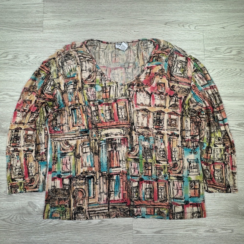 Chico's Women's Top Travelers‎ Cityscape Print V-Neck Multi-Color Size 3 L/XL